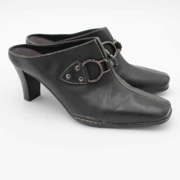 Y2K Harness Mule Womens 6.5 Black Leather Slip On Heel Aerosoles Comfort Shoe - Picture 1 of 9